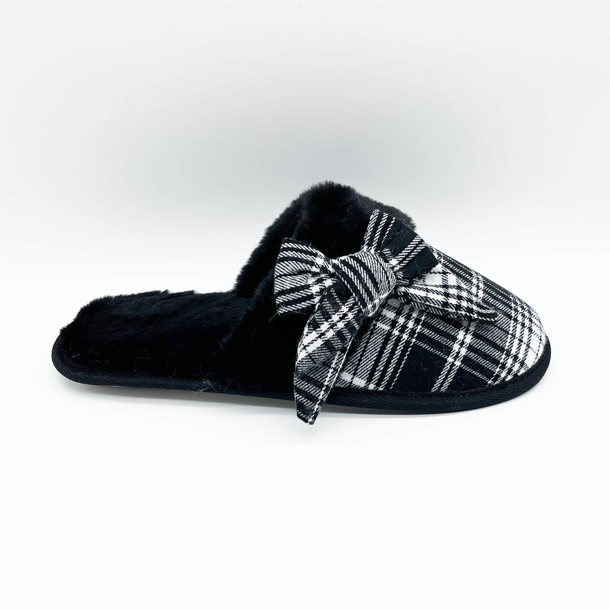 Black pattern check with giant bow embroidery home women's slippers 