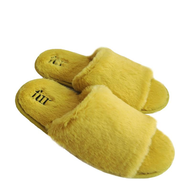 Yellow faux rabbit fur embroidered logo spa slippers