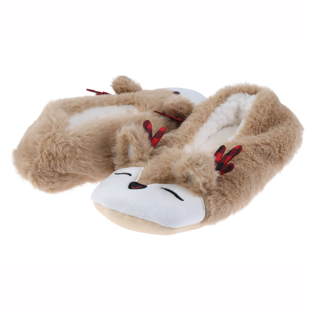 Women's buffalo check reindeer faux fur slipper socks