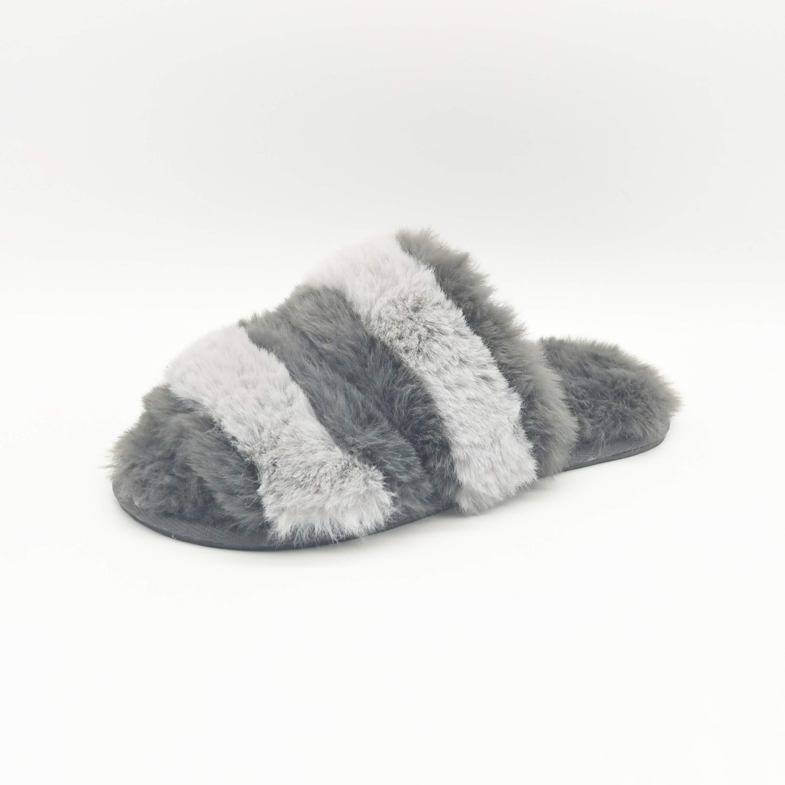 Stripe combined faux rabbit fur soft plush insole ladies winter slippers