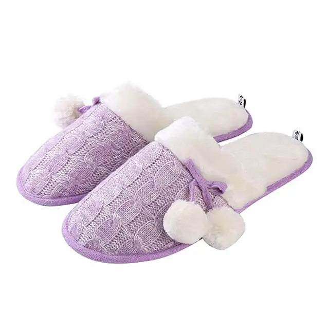 Indoor faux fox fur plush flat ball knit slippers for women