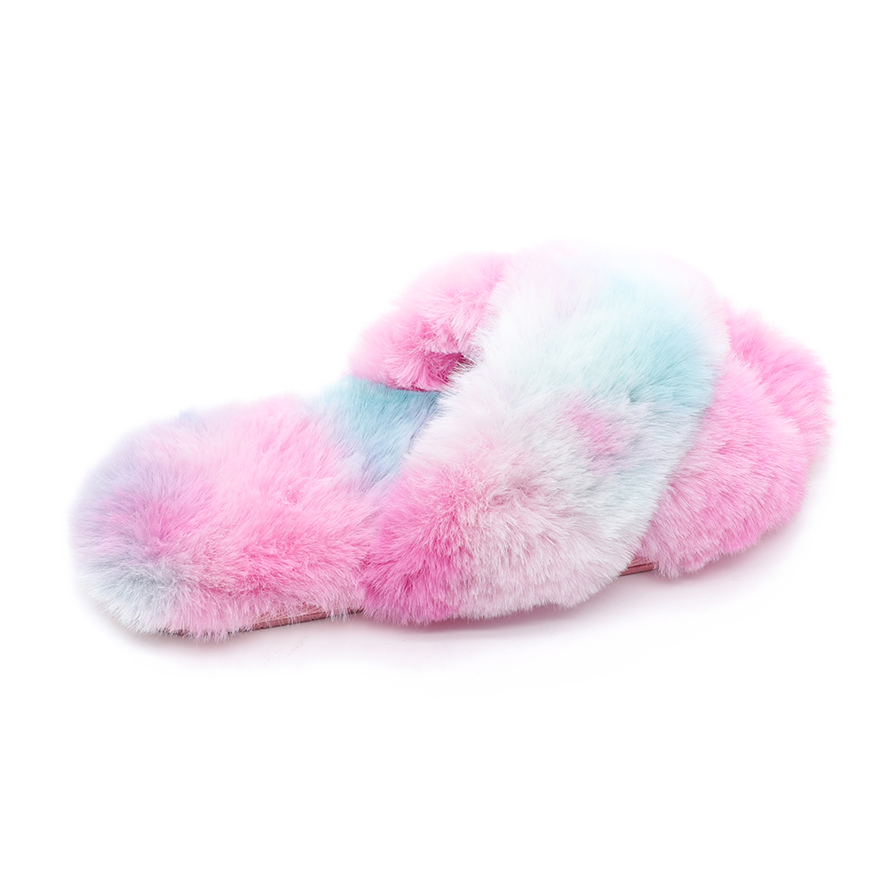 Women faux fur cross band slider slippers