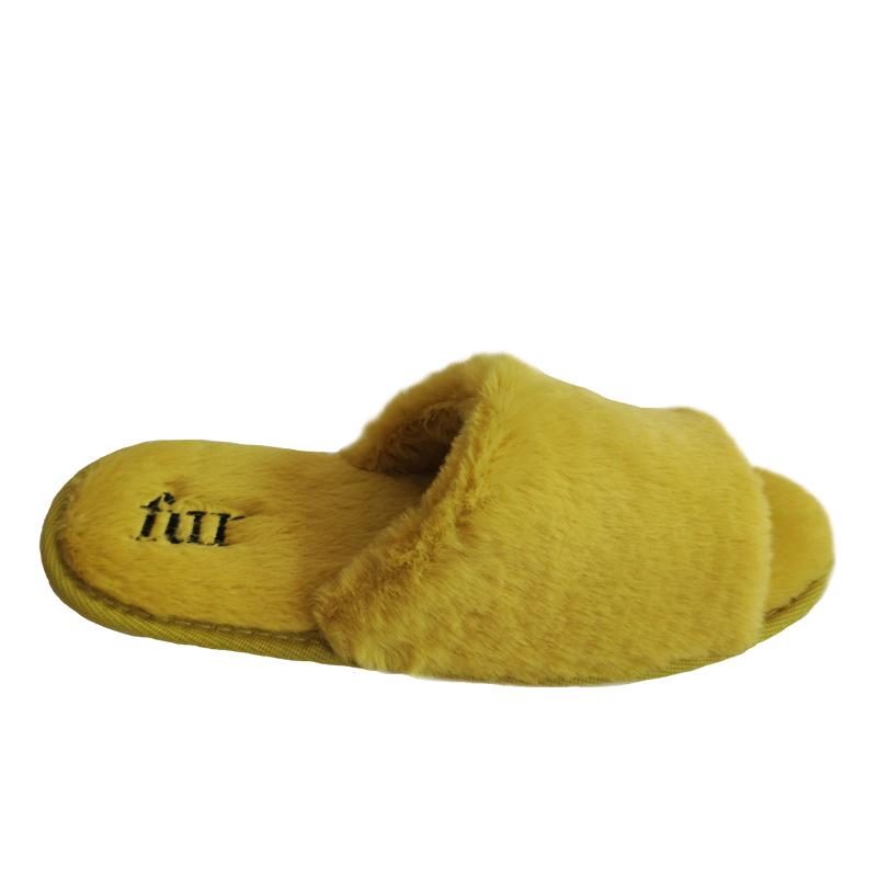 Yellow faux rabbit fur embroidered logo spa slippers