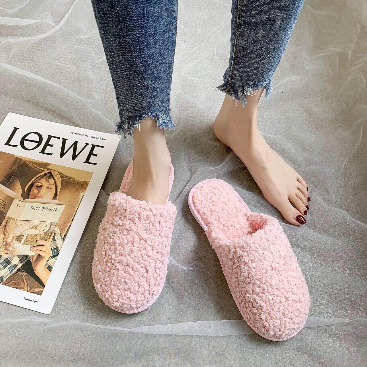 Open-toe multi color soft faux fur house slipper