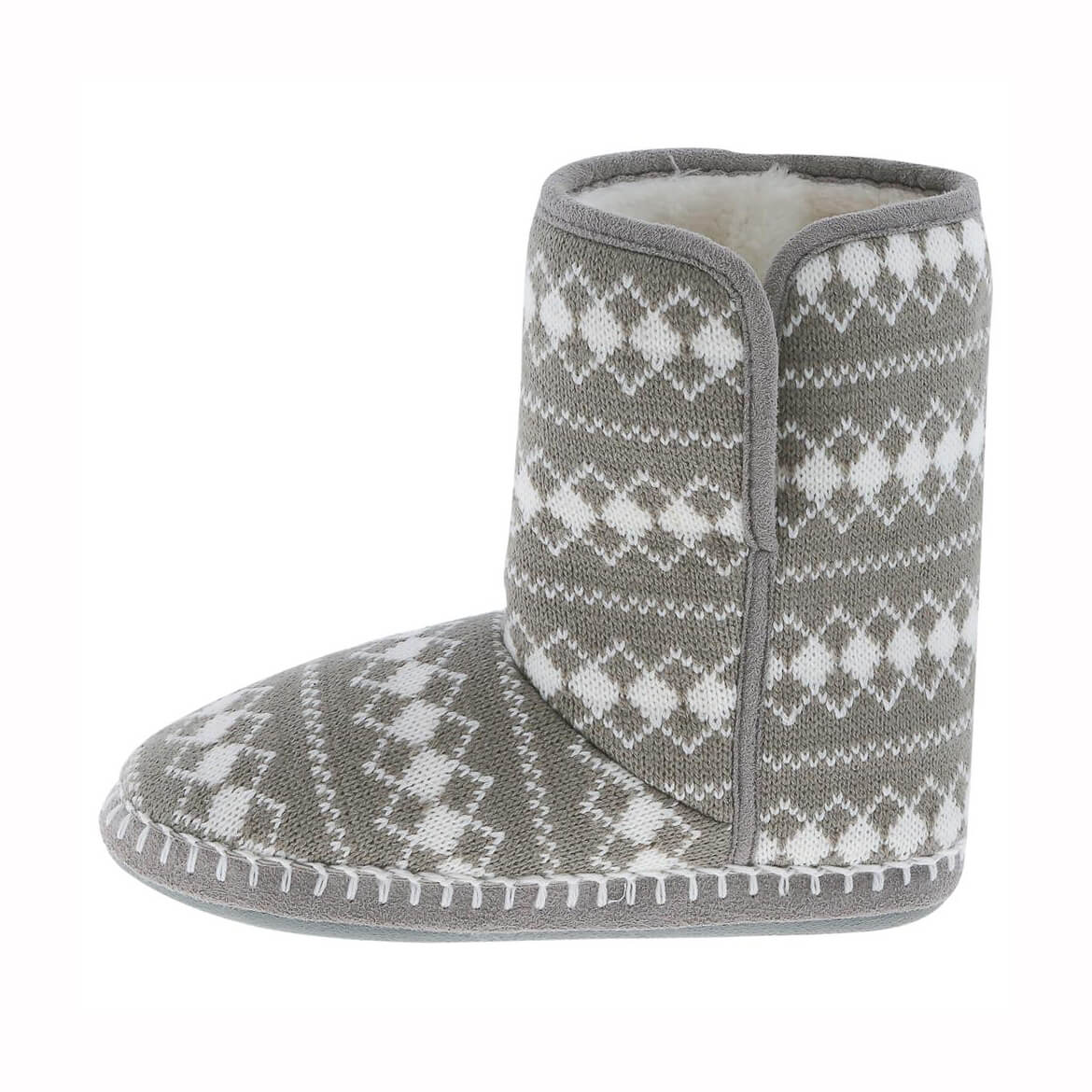 Ladies grey and white diamond knitted slipper boot