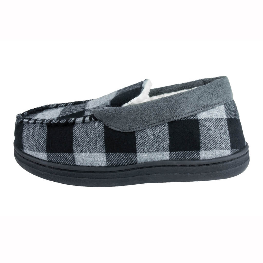 Boys buffalo plaid moccasin with faux suede trim