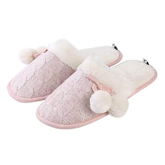 Indoor faux fox fur plush flat ball knit slippers for women