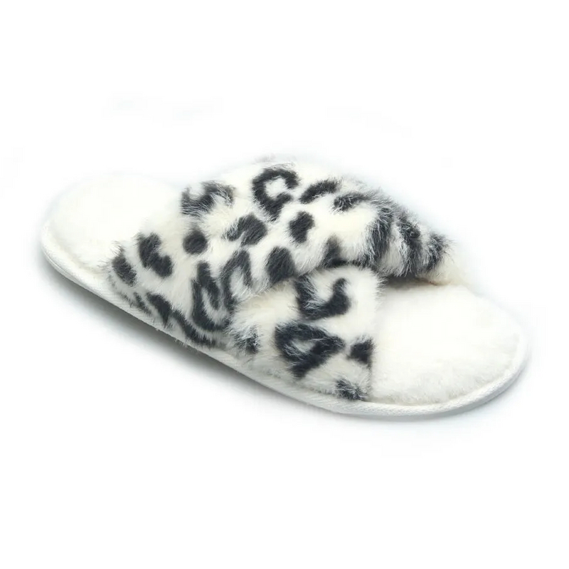 Women's fuzzy faux fur cross band slide slippers in leopard print