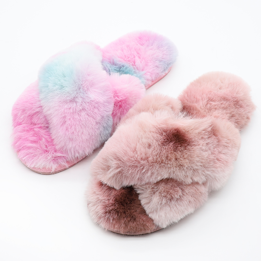 Women faux fur cross band slider slippers