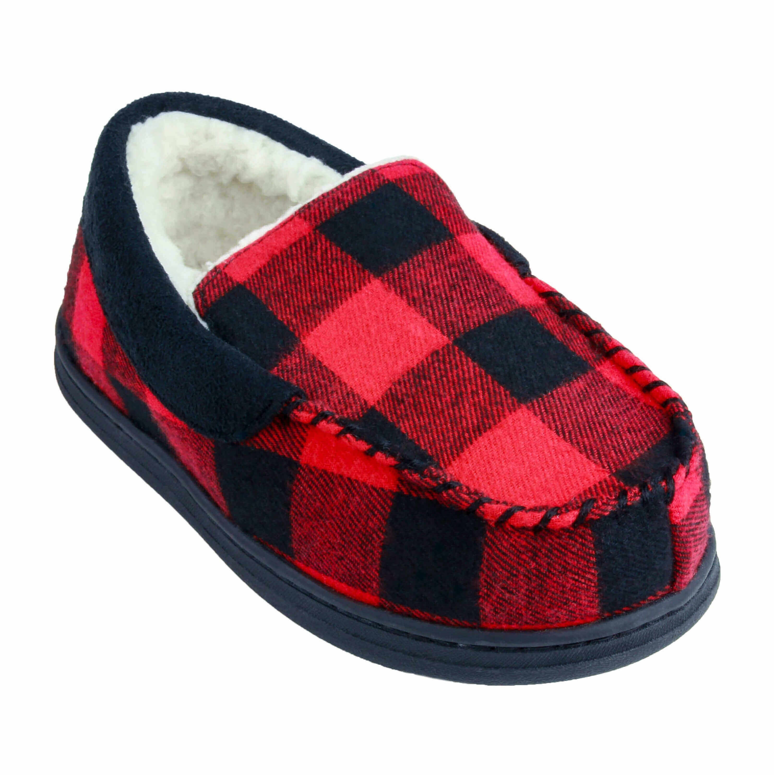 Boys buffalo plaid moccasin with faux suede trim