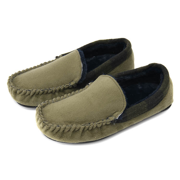 Cozy hard sole olive green men's moccasin shoes with arch support