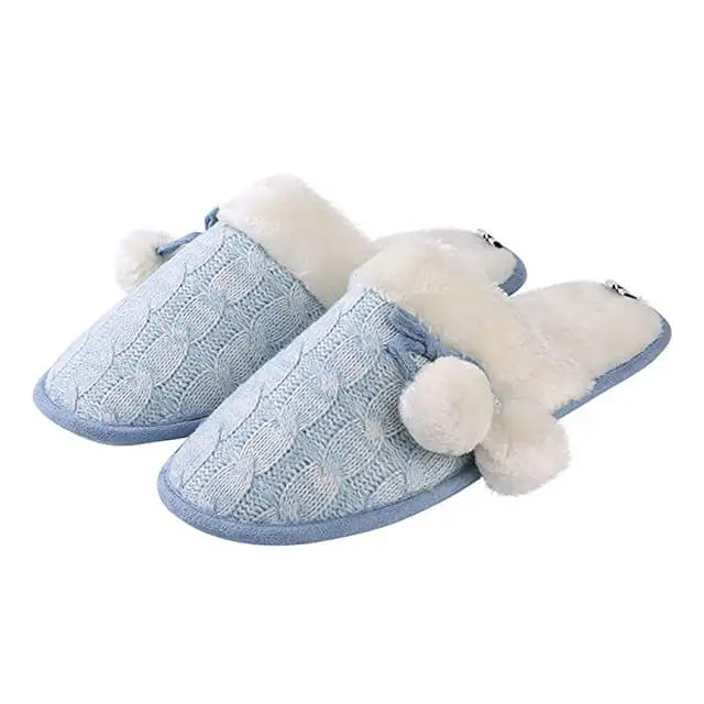 Indoor faux fox fur plush flat ball knit slippers for women