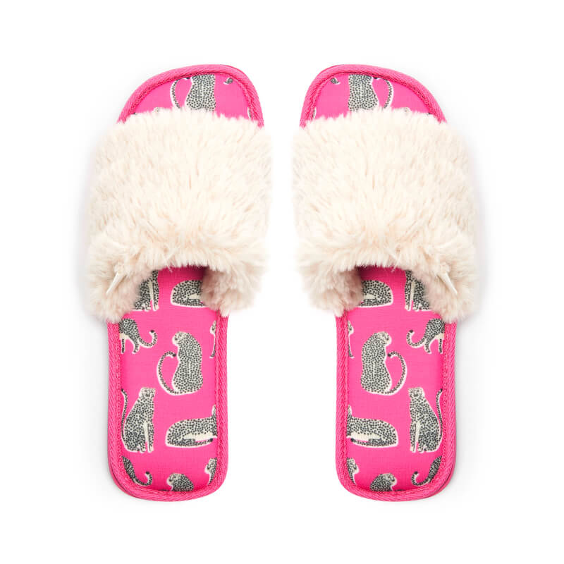 Pattern logo printing indoor faux fur open-toe SPA slides slippers