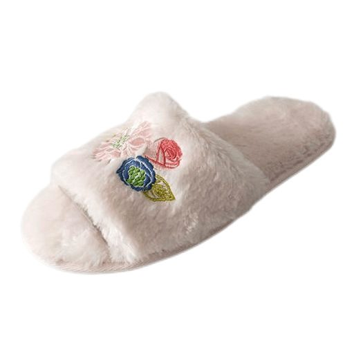 Comfortable fur embroidery flowers bedroom slippers for women