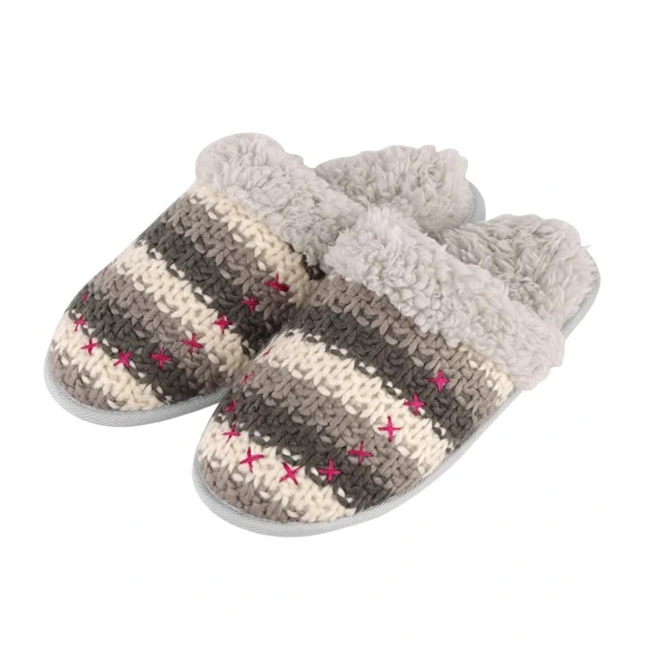 Knitted memory foam comfy slip-on house slippers with faux fur lined