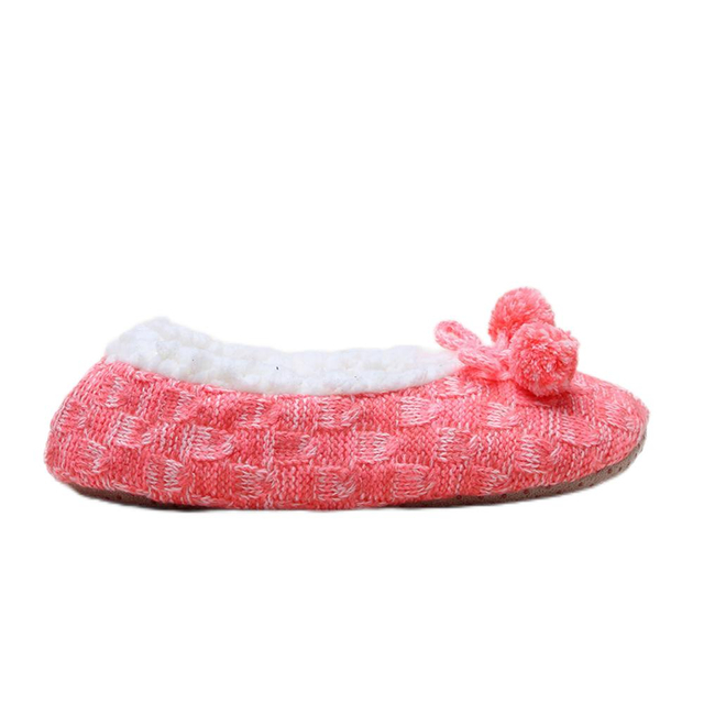 Cozy fleece lining knitted fabric ladies' ballerina slipper with pom poms