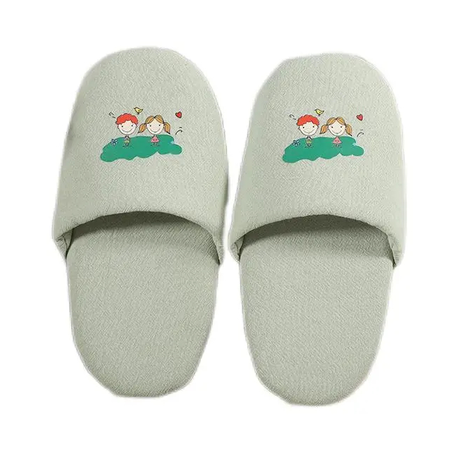 Closed toe spa washable linen green hotel slippers