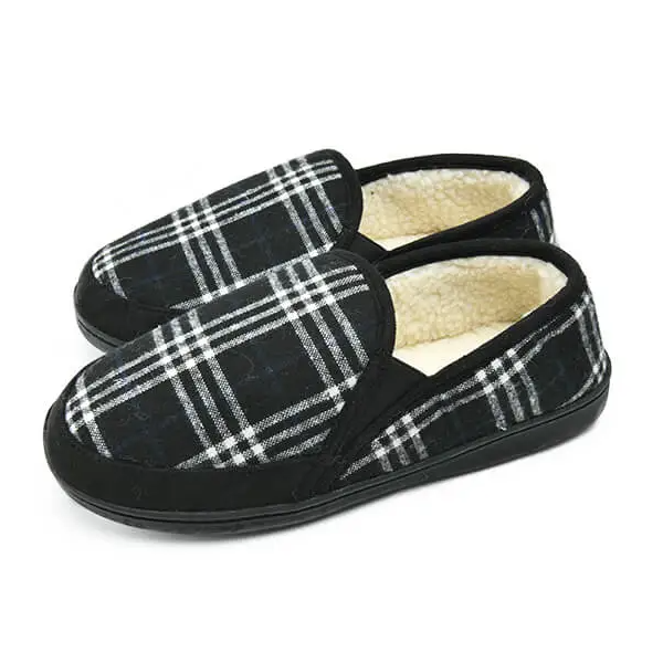 Men's warm closed-back check plaid upper slippers