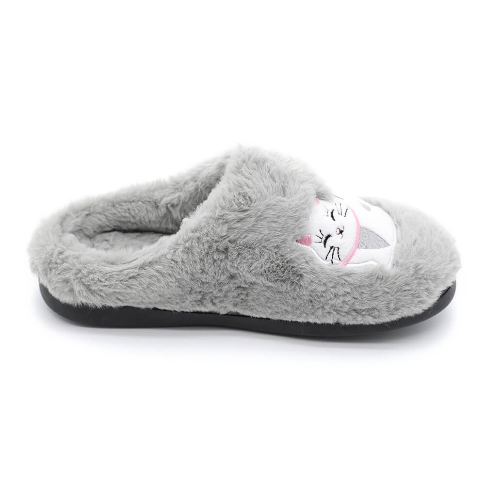 Fuzzy plush embroidered cat slippers for women or men 