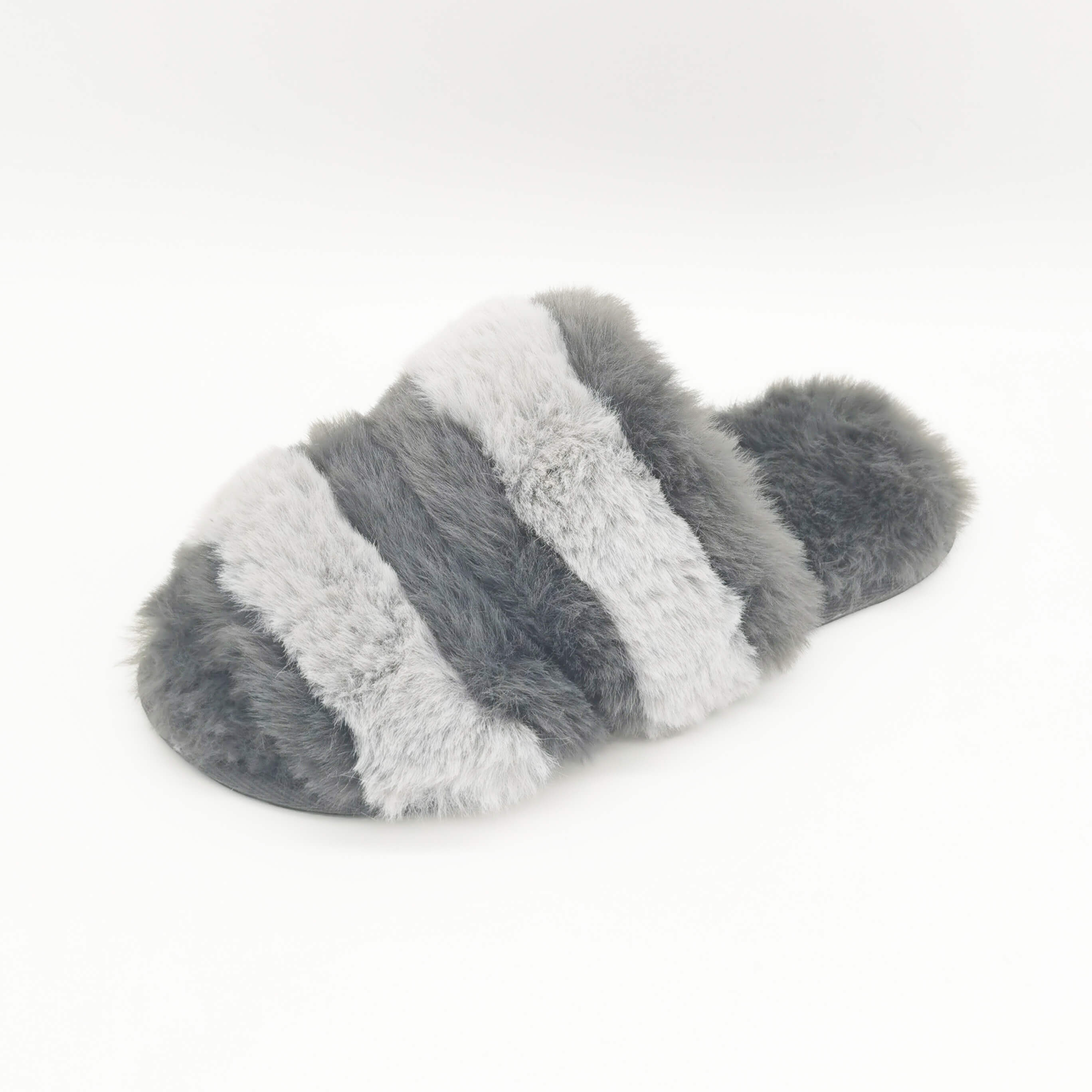 Stripe combined faux rabbit fur soft plush insole ladies winter slippers