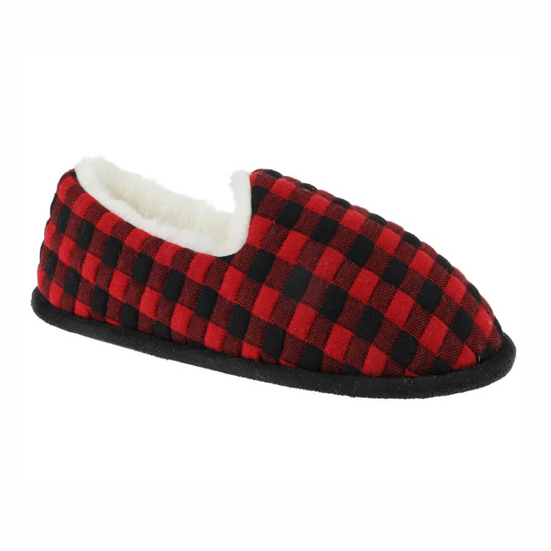 Ladies quilted buffalo plaid scuff with faux fur lining slipper