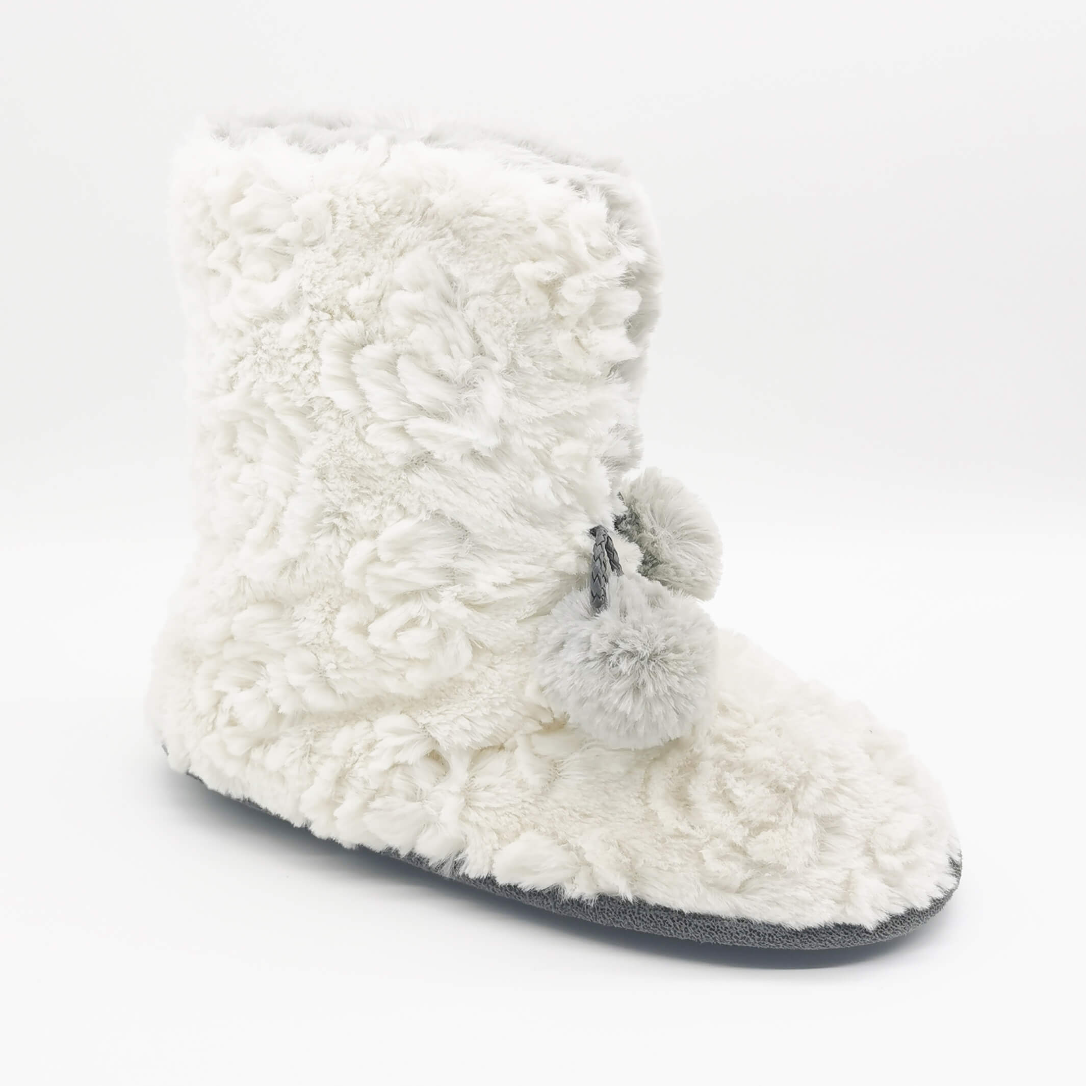 Embossed faux fur upper with poms boot for women