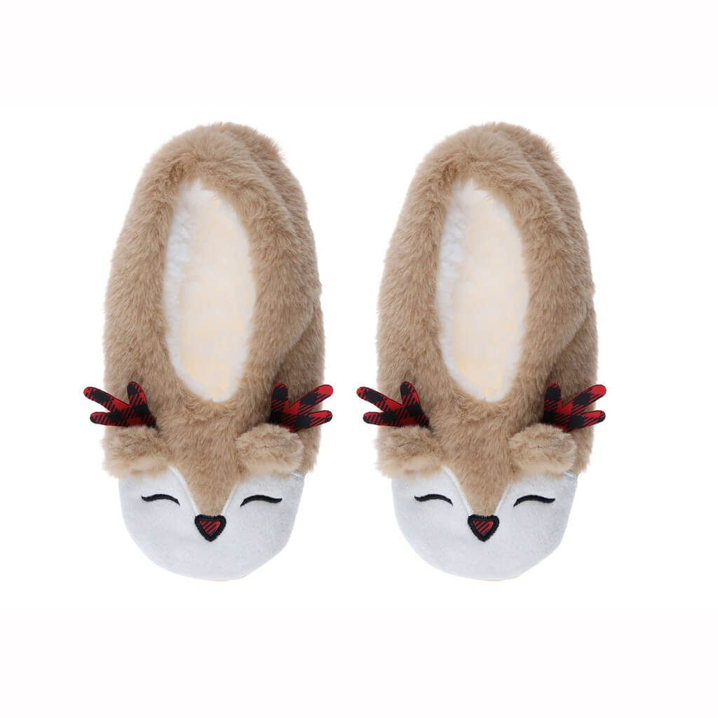 Women's buffalo check reindeer faux fur slipper socks