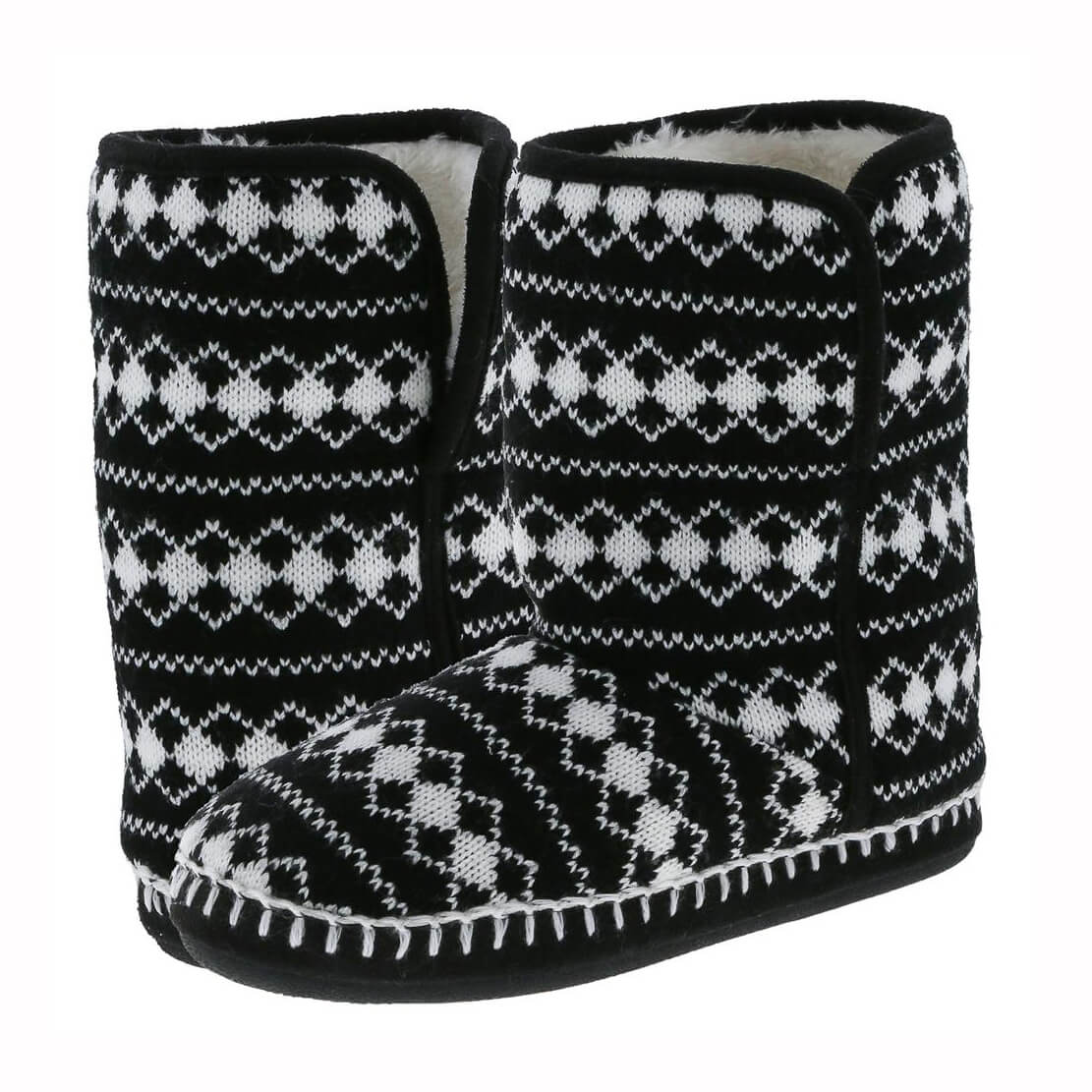 Ladies black and white diamond knitted slipper boot