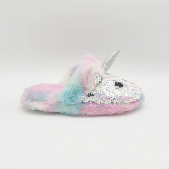 Girls' kids cartoon slip-on indoor faux fur unicorn slippers