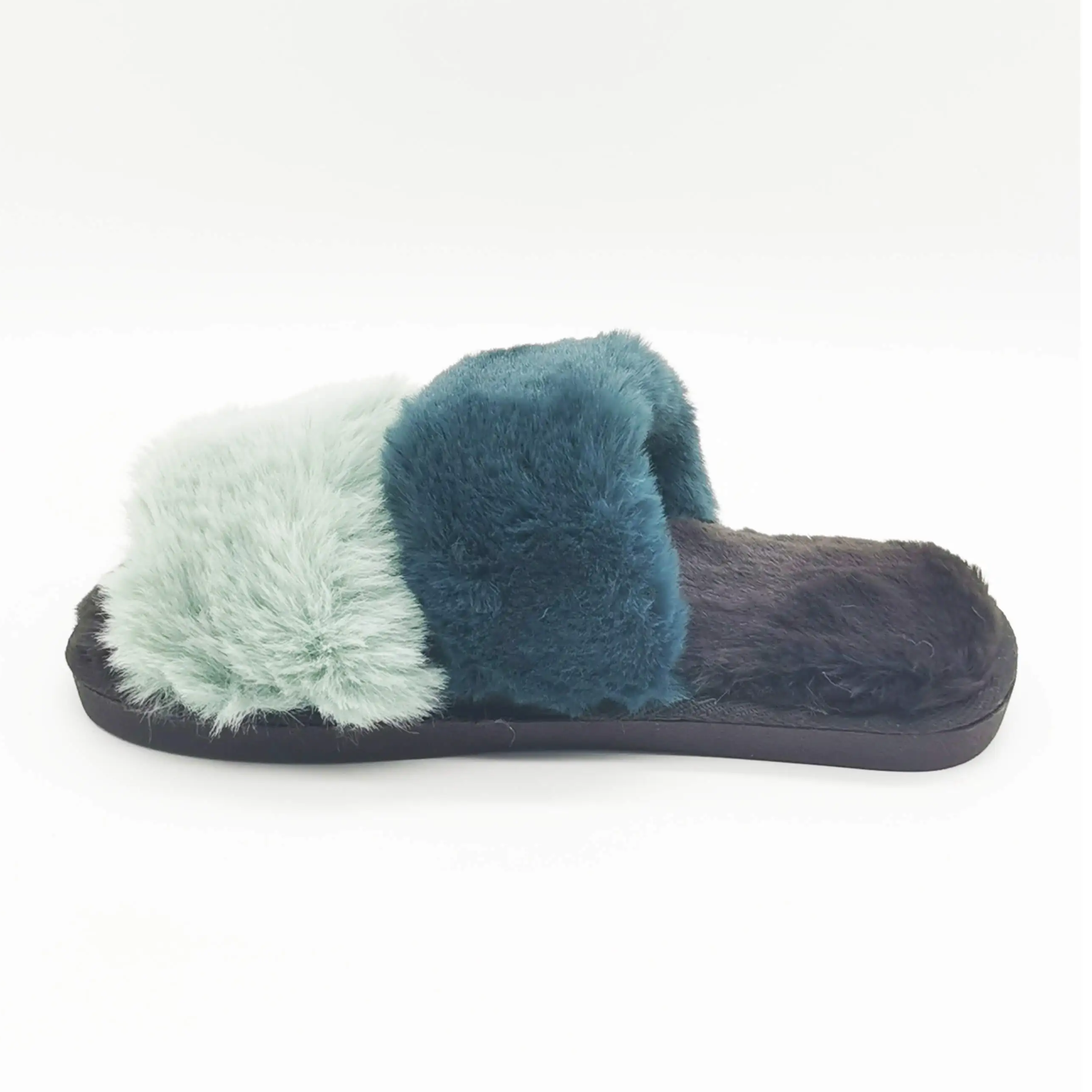 Green faux fur cozy warm home slippers for women