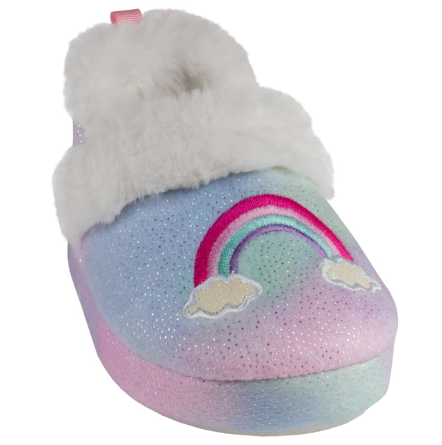 Toddler girl's multi-color soft boa slipper with rainbow embroidery