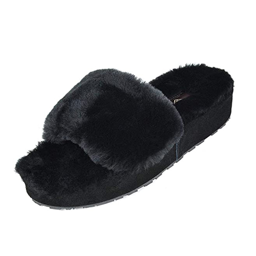 Women's fuzzy faux fur memory foam flat spa slide slippers