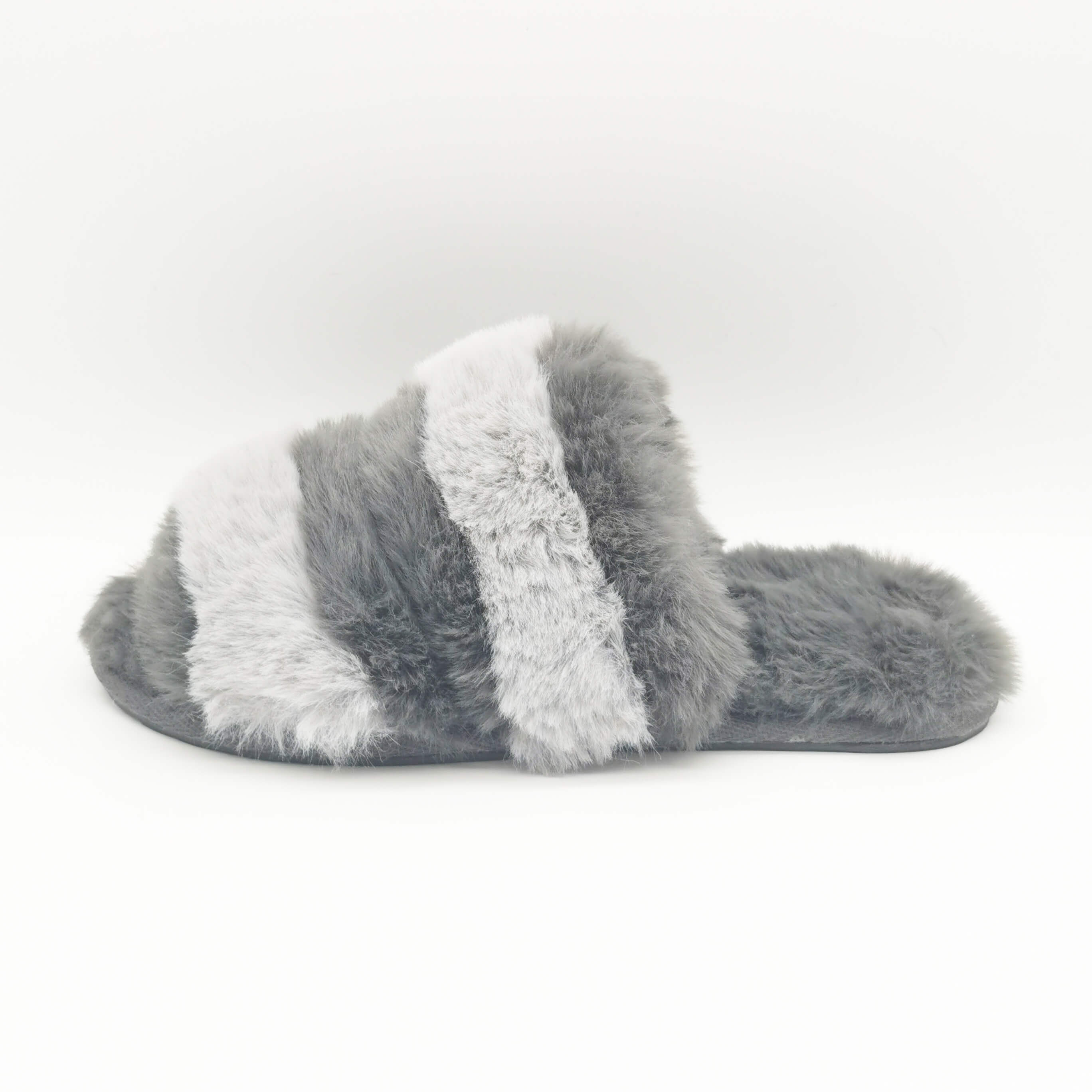 Stripe combined faux rabbit fur soft plush insole ladies winter slippers