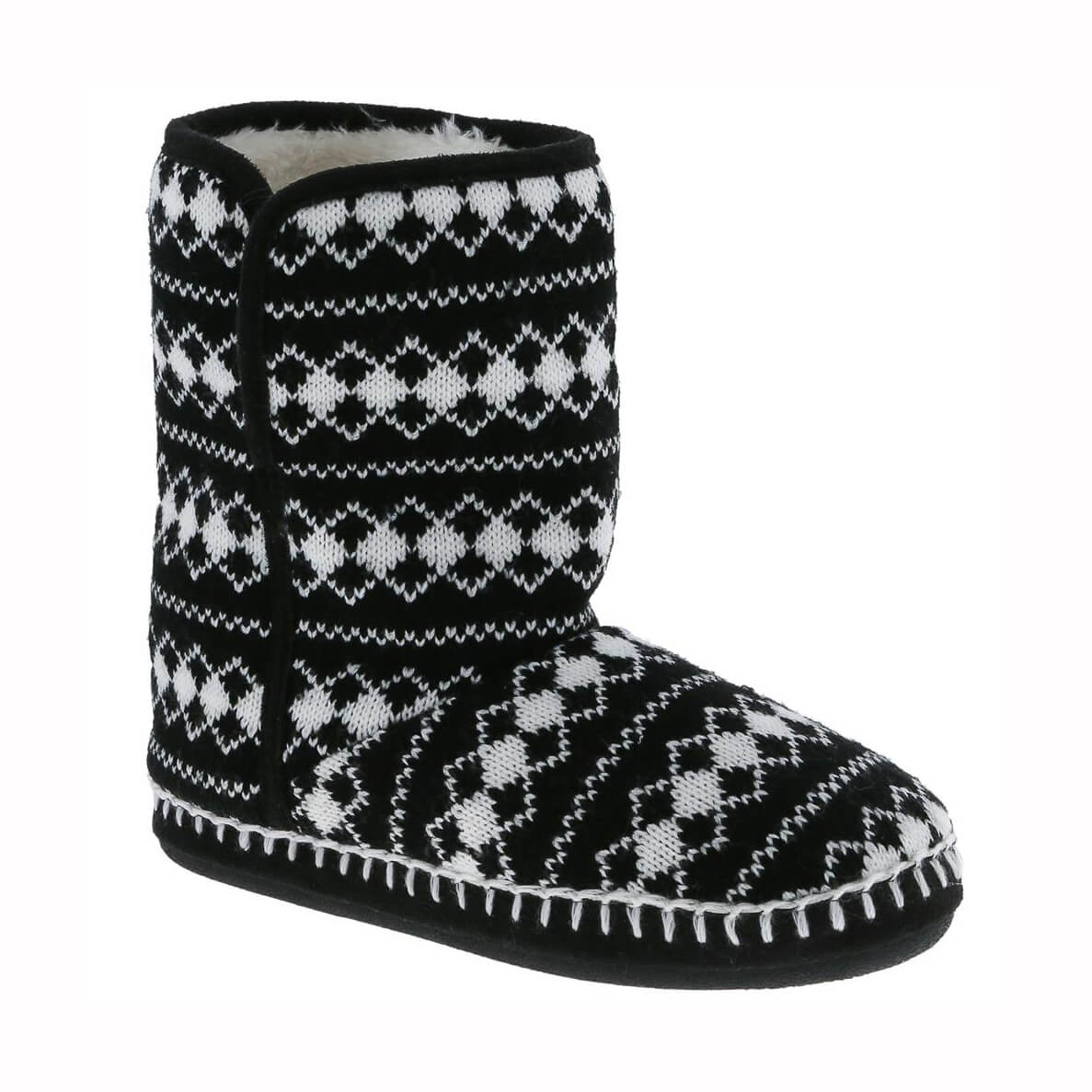 Ladies black and white diamond knitted slipper boot