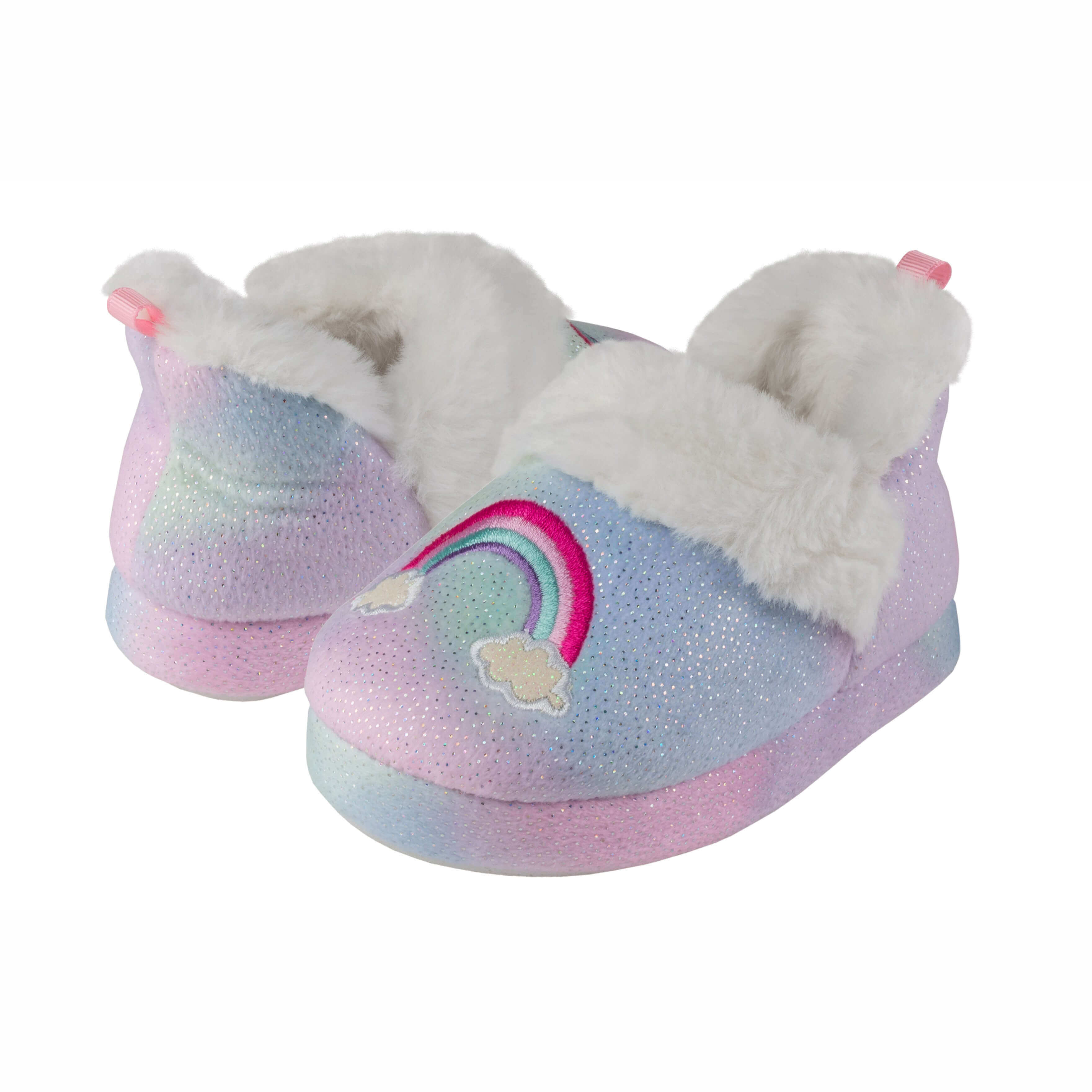 Toddler girl's multi-color soft boa slipper with rainbow embroidery