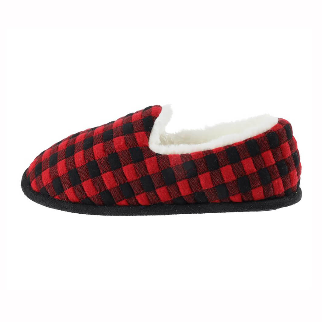 Ladies quilted buffalo plaid scuff with faux fur lining slipper