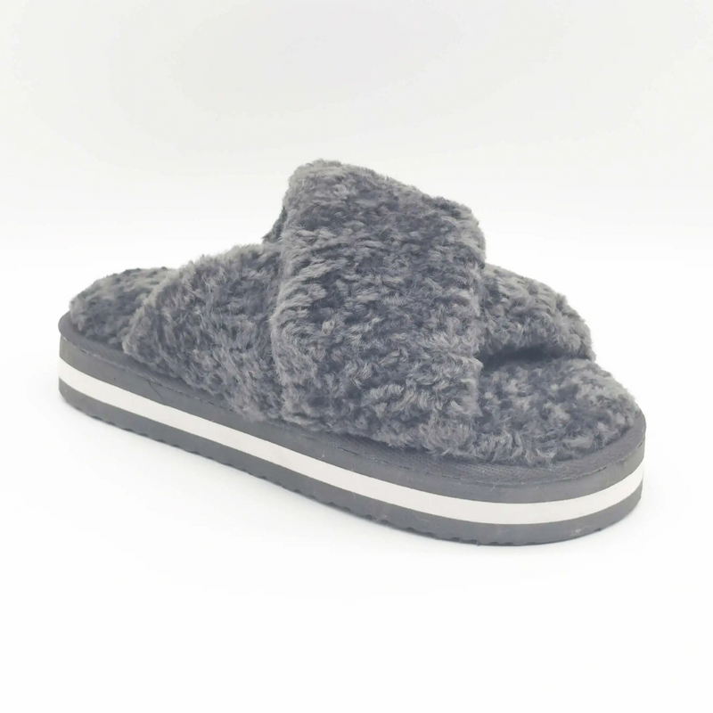 Women solid color fluffy cross strap slippers