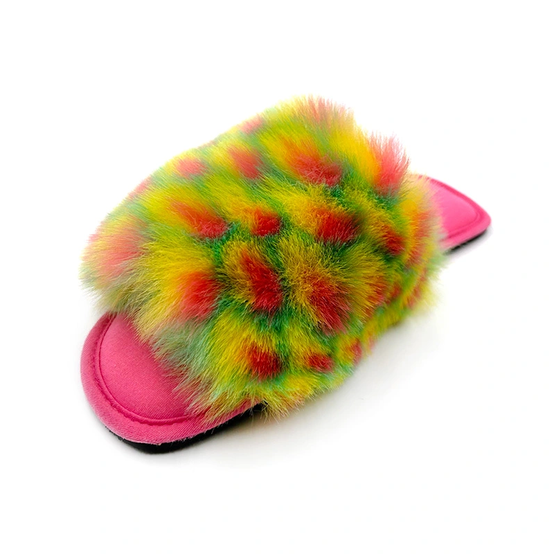 Women′s faux fur open-toe indoor multi-colored slippers