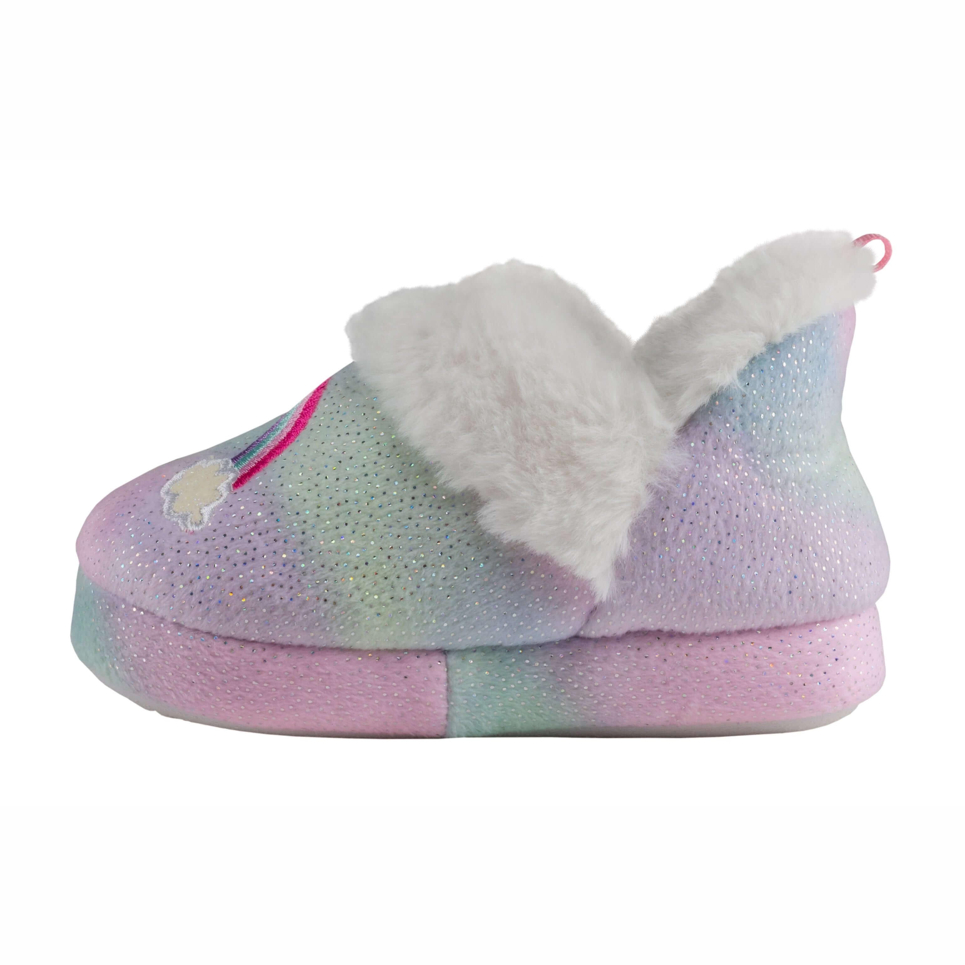 Toddler girl's multi-color soft boa slipper with rainbow embroidery