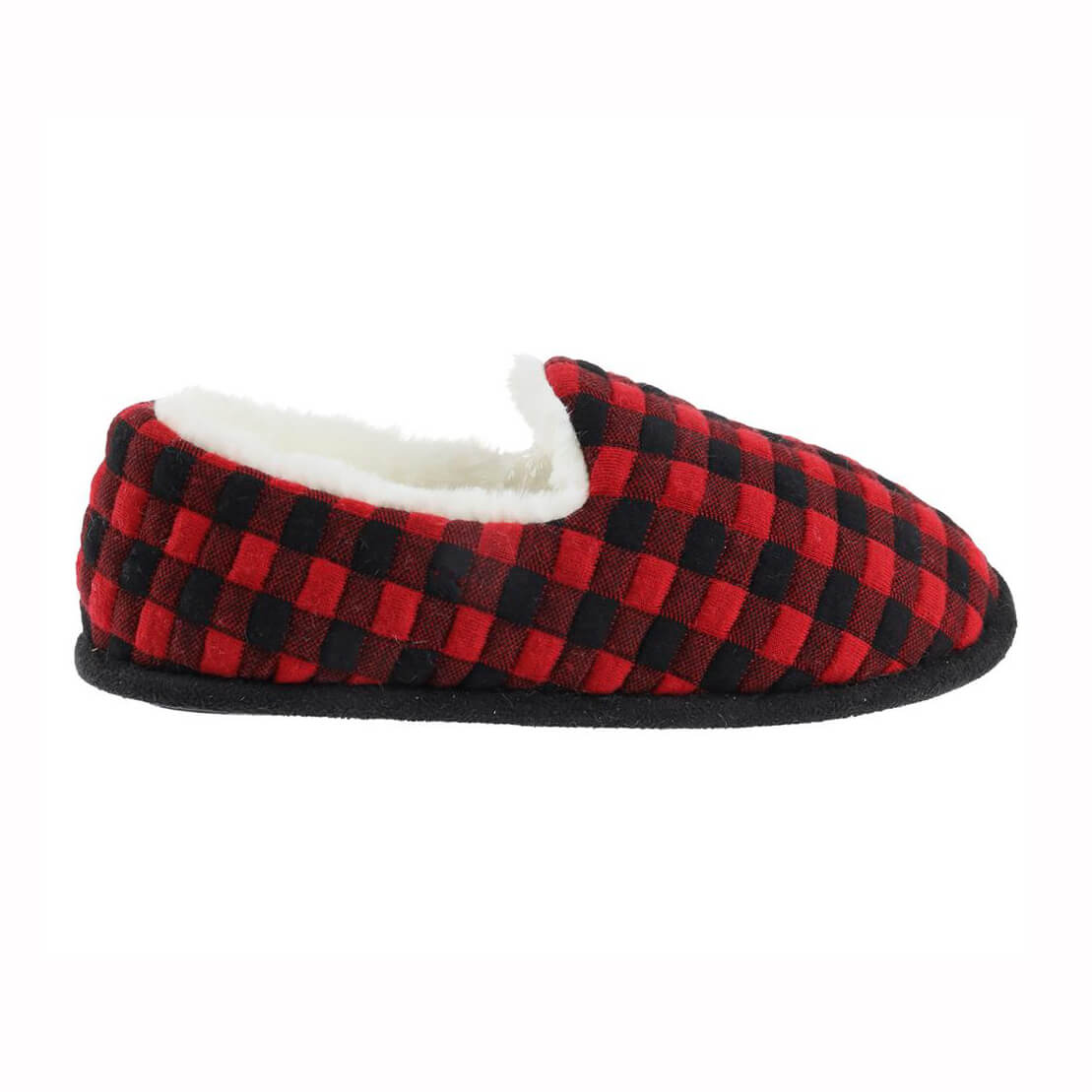 Ladies quilted buffalo plaid scuff with faux fur lining slipper