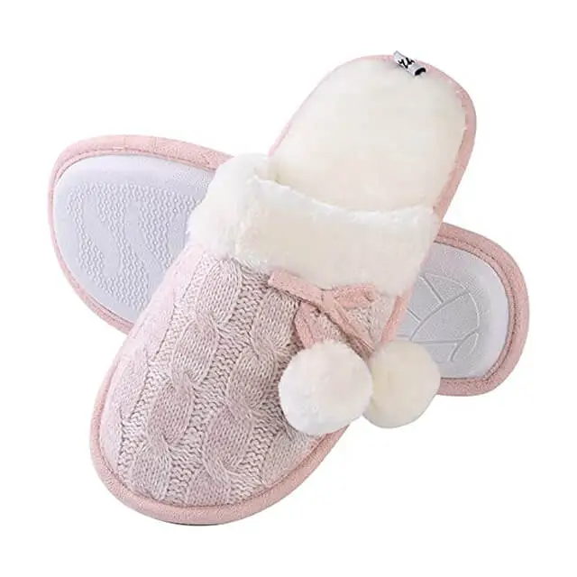 Indoor faux fox fur plush flat ball knit slippers for women