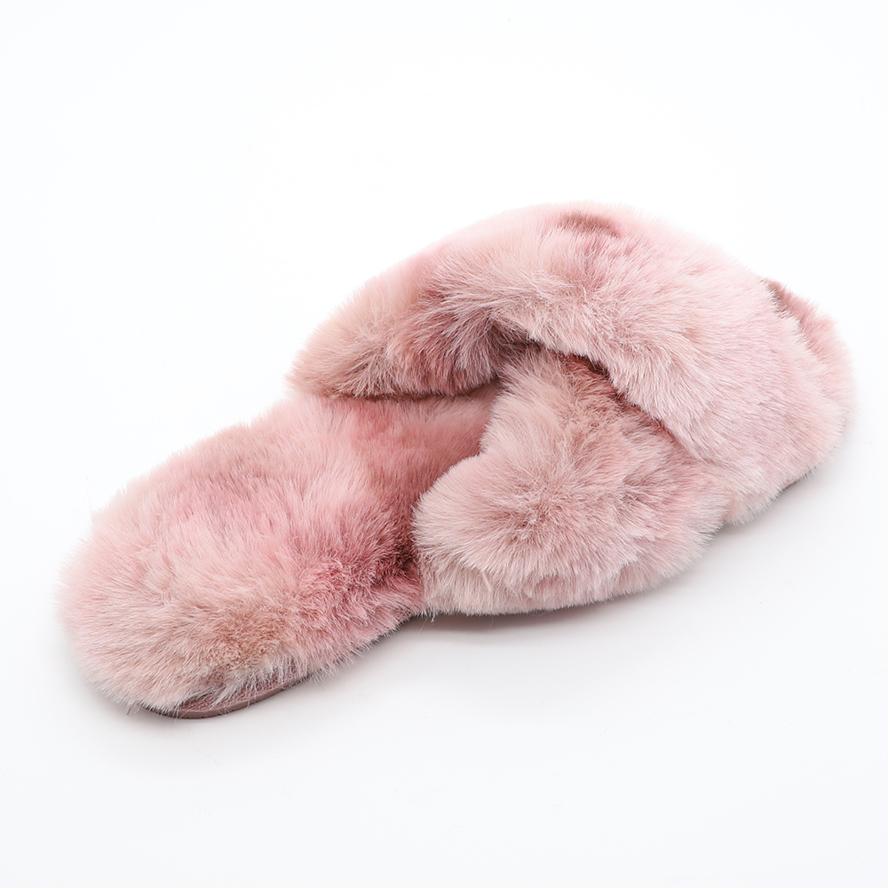 Women faux fur cross band slider slippers