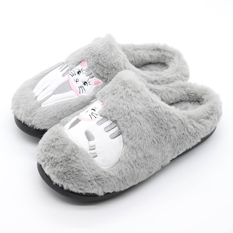 Fuzzy plush embroidered cat slippers for women or men 