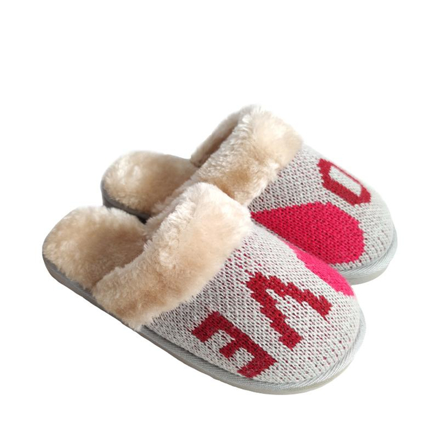 Knitted warm slippers with a plush collar