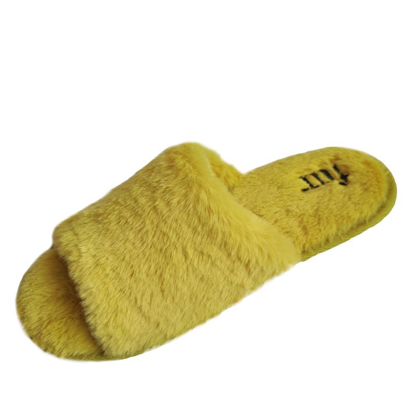 Yellow faux rabbit fur embroidered logo spa slippers