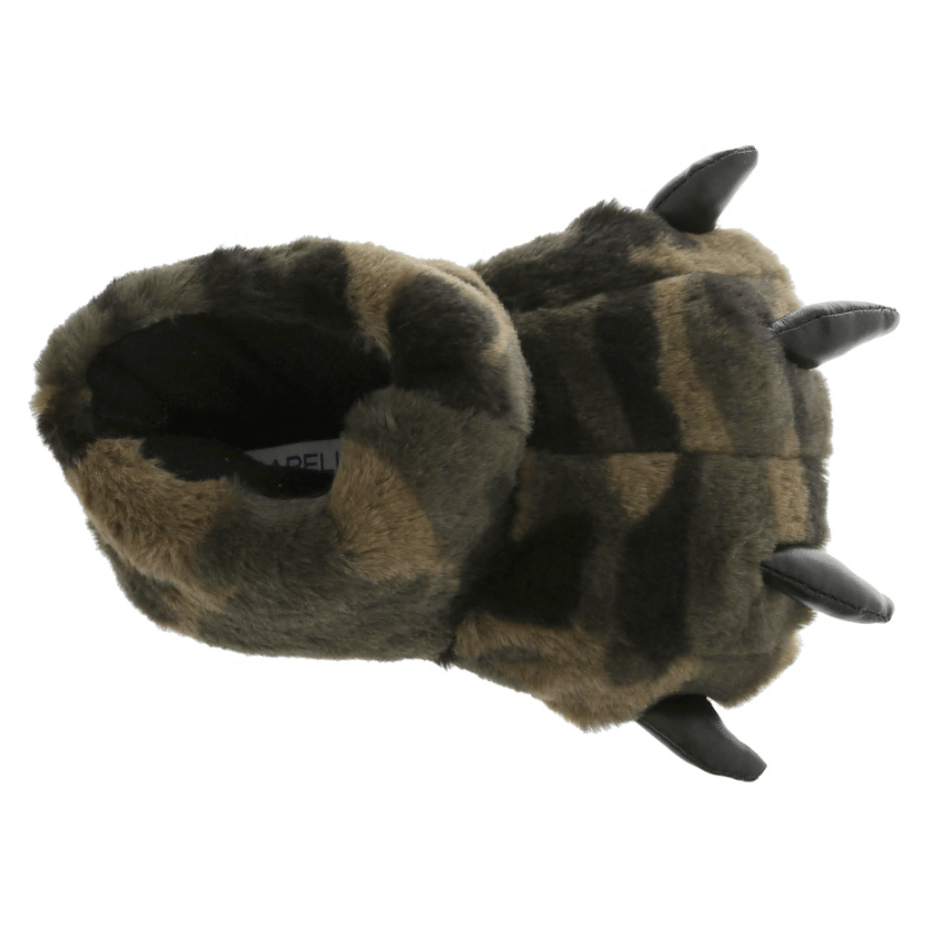 Boys camo faux fur bear claw with 3D contrasting faux leather parts indoor slipper