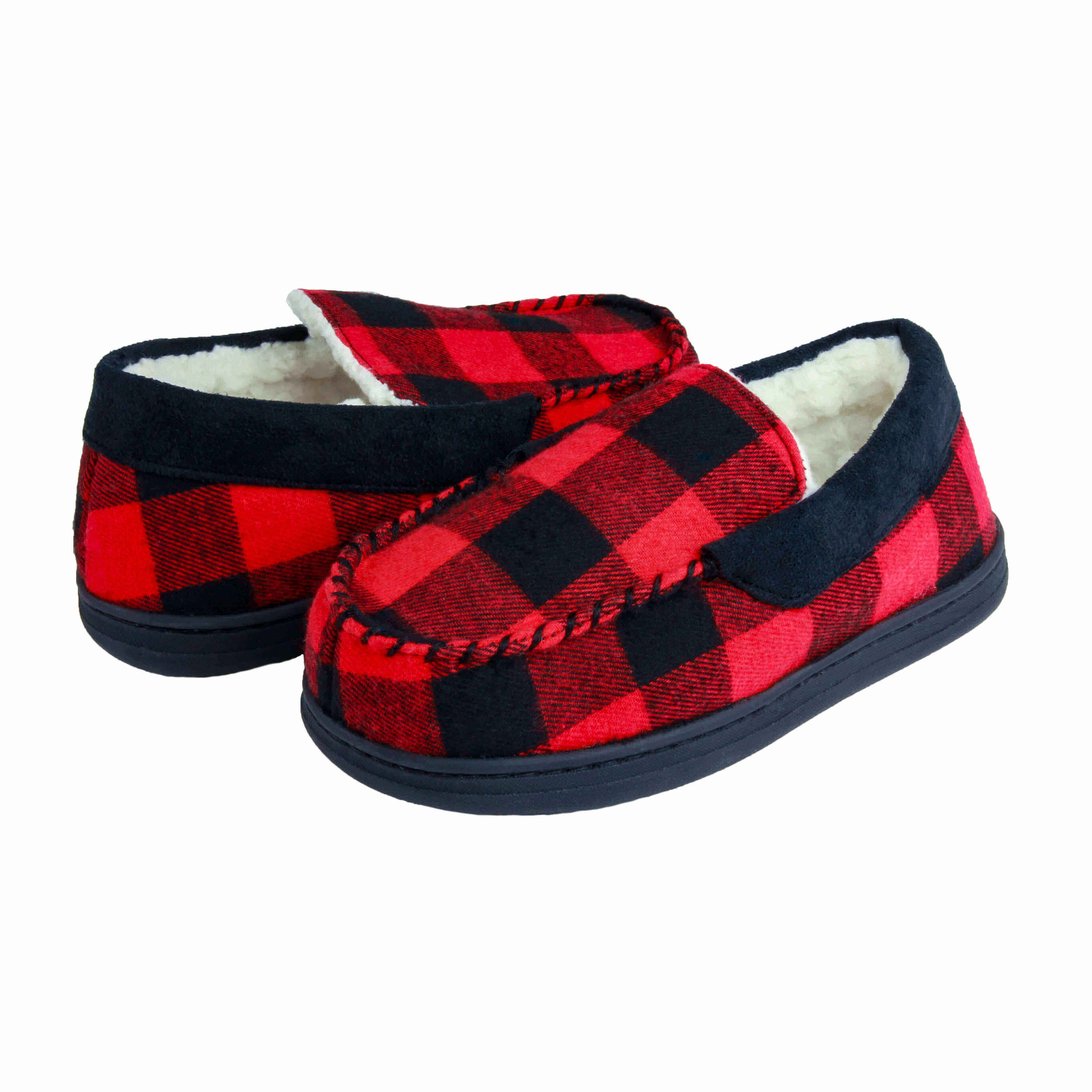 Boys buffalo plaid moccasin with faux suede trim