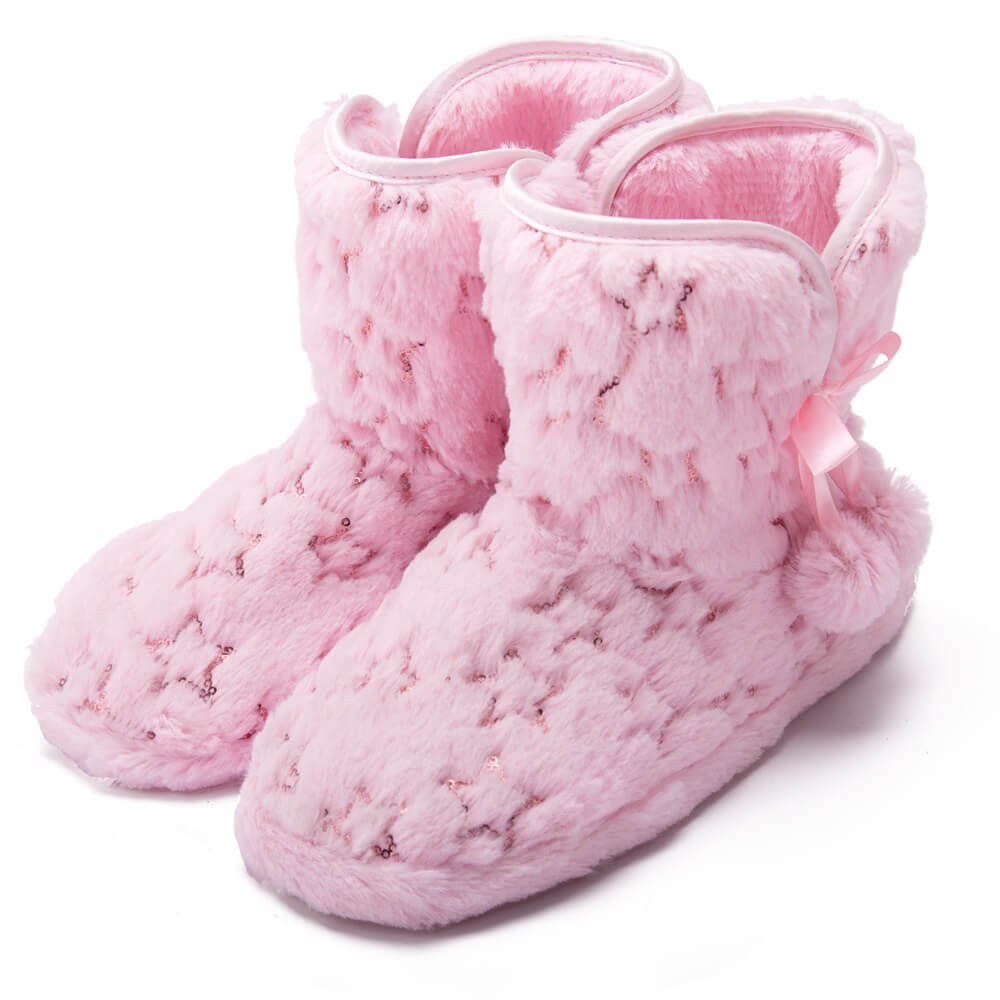 Heart-pressed faux fur women's indoor boots with pom poms